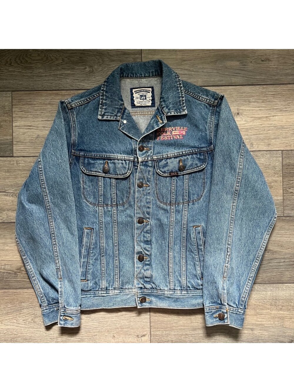 Vintage Lee Men's S Denim Trucker Jacket Kerrville Folk Festival Embroidered